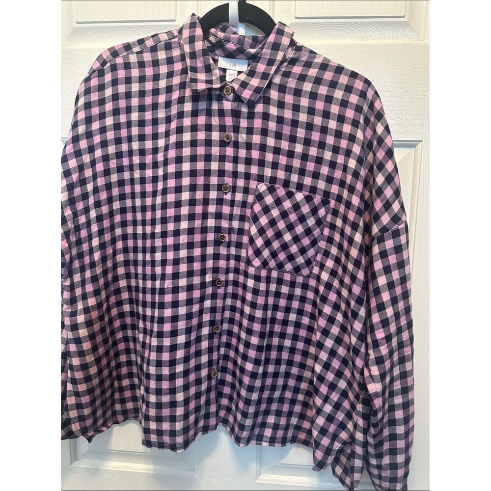 J. Jill Pink and Navy Gingham Button-Down Shirt Boxy Oversized Size LP